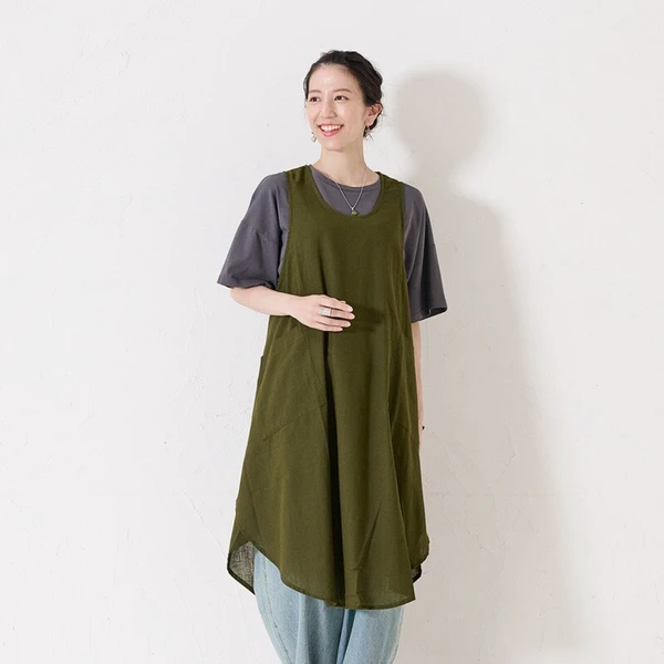 【再入荷】コットンフラックス無地エプロンワンピース【お買得品】
